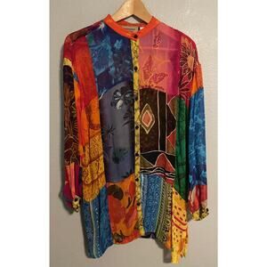 Vintage JR Collection Tunic Womens Large Multicolor Sheer Button Patchwork Artsy